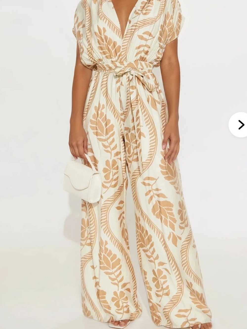 Fashion Nova Cream and Tan Botanical Print Wide-Leg Jumpsuit